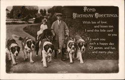 Fond Birthday Greetings - Man With St. Bernard Dogs and Girl on Pony Saint Bernards Postcard Postcard Postcard