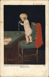 "Hello, Papa!" - Infant on Chair Talking Into Phone Postcard