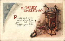 A Merry Christmas - Chair, Spinning Wheel & Wreath by Fireplace Postcard Postcard Postcard