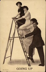 Going Up - 3 Women and a Man on a Ladder Postcard