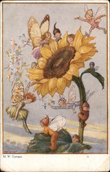 Little Fairies Flying and Sitting around a Sunflower Fantasy Postcard Postcard