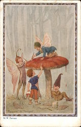 Three Fairies Paiting A Mushroom While One Sleeps Beneath It Fantasy Postcard Postcard