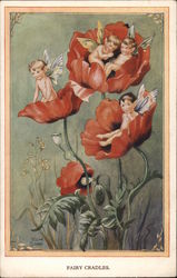 Fairy Cradles - Fairies Reclining in Red Poppy Flowers Fantasy Postcard Postcard