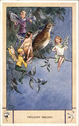 Twilight Melody - Fairies and Bird on Tree Limb Fantasy Postcard Postcard