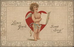 "Love's Grand Sweet Song" - Cupid Holding Sheet Music, Singing Postcard