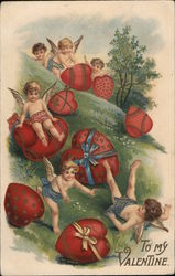 "To My Valentine" - Cupids and Hearts Rolling Down Hill Postcard Postcard Postcard