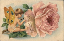 Fairy Painiting "Best Wishes" on Pink Rose Fantasy Postcard Postcard Postcard