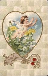 "True Love" - Heart-Shaped Inset of Baby Cupid Among Flowers Postcard