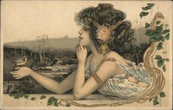 Art Nouveau Girl with Bird Postcard Postcard Postcard