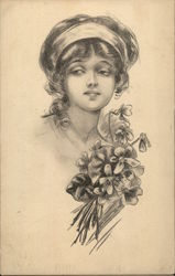 Portrait of Girl With Violets Women Postcard Postcard Postcard