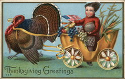 Thanksgiving Greetings - Turkey Pulling Cart with Child Postcard