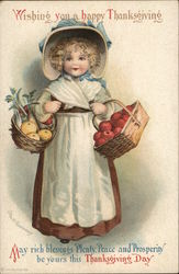 Wishing You a Happy Thanksgiving-Girl Holding Baskets of Fruits and Vegetables Postcard