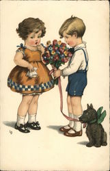 Boy Giving Girl Flowers Children Postcard Postcard Postcard