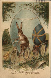 Easter Greetings - Bunny Riding Bike Pulling Cart with Easter Egg With Bunnies Postcard Postcard Postcard