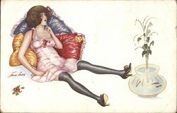 Woman in Underthings Leaning Against Pillows Postcard