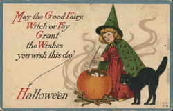 Halloween Girl Witch Black Cat Postcard