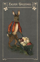 Easter Greetings - Dark Bunny with Wheel-Barrow of Eggs Postcard