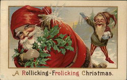 Elf Hitting Santa with Snowball - A Rollicking-Frolicking Christmas. Postcard