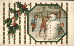 Christmas Greetings - Children Throwing Snowballs with Snowman Snowmen Postcard Postcard Postcard