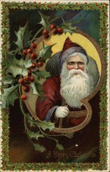 Vintage Santa and Holly Berries Santa Claus Postcard Postcard Postcard