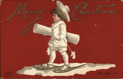 Merry Christmas - Child in Snowshoes Carrying Scroll Postcard