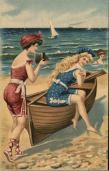 Two Women Taking Photo on Beach Swimsuits & Pinup Postcard Postcard Postcard