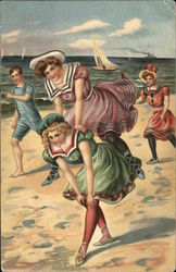 Playing Leap Frog On The Beach Swimsuits & Pinup Postcard Postcard Postcard