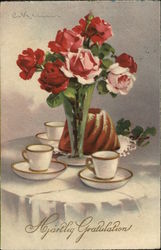 Table with Coffee Mugs and Flowers Postcard