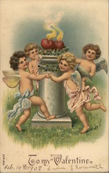 Cupids dancing around a column with hearts. Postcard Postcard Postcard