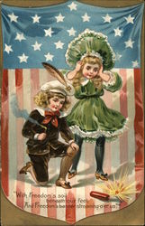 Two Children Setting Off Firecrackers Postcard