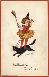 Little Witch Riding a Black Cat Postcard