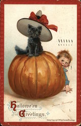 Halloween Greetings. Pumpkin with Black Cat Sitting on Top Postcard