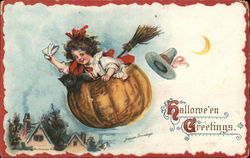 Child Flying in a Pumpkin - Halloween Greetings. Postcard