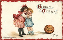 Girl Holding Frightened Toddler and Jack-O-Lantern Frances Brundage Postcard Postcard Postcard