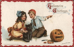 Boy and Girl with Black Cat and Jack-O-Lantern Halloween Postcard Postcard Postcard