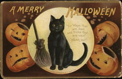 Black Cat, Broomstick and 4 Jack-O-Lanterns Postcard