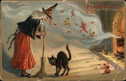 Halloween Witch with Broom and Black Cat Postcard Postcard Postcard