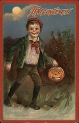 Boy Under Moon with Jack-O-Lantern Halloween Postcard Postcard Postcard