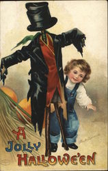 A Jolly Halloween - Child Peeking from behind Scarecrow Postcard