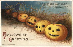 Halloween Greeting, Jack O' Lanterns in a Row Postcard