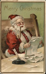 Merry Christmas - Santa Smoking a Pipe while Reading his List Postcard