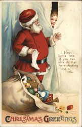 Santa Claus with Child and Pack of Toys Postcard