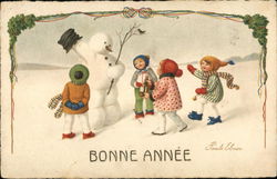 Bonne Annee - Children with Snowman Snowmen Postcard Postcard Postcard