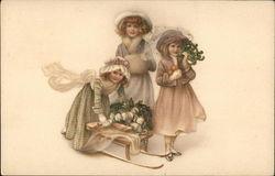 Vintage. 3 Girls with Sled and Christmas Decorations Children Postcard Postcard Postcard