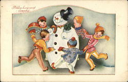 Children Dance Around Snowman Postcard Postcard Postcard