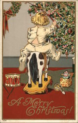 Child On Toy Horse Near Christmas Tree Children Postcard Postcard Postcard