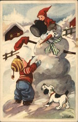 Children with Snowman and Dog Postcard