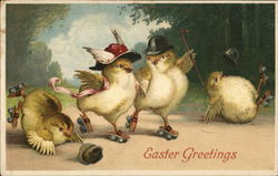 Easter Greetings - Chicks rollerskating With Chicks Postcard Postcard Postcard