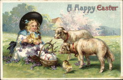 Girl with Lambs, Chicks and Easter Eggs in Basket With Children Postcard Postcard Postcard