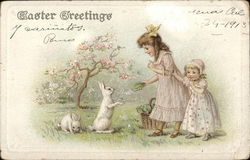 Easter Greeting: Two Girls Feed Lettuce to Rabbits With Children Postcard Postcard Postcard